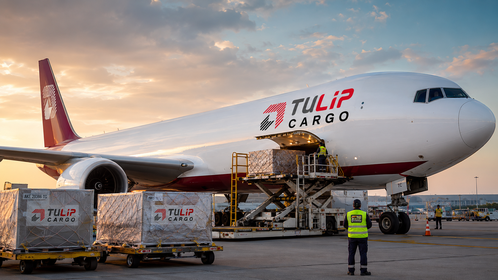 Tulip Cargo airplane being loaded with cargo goods